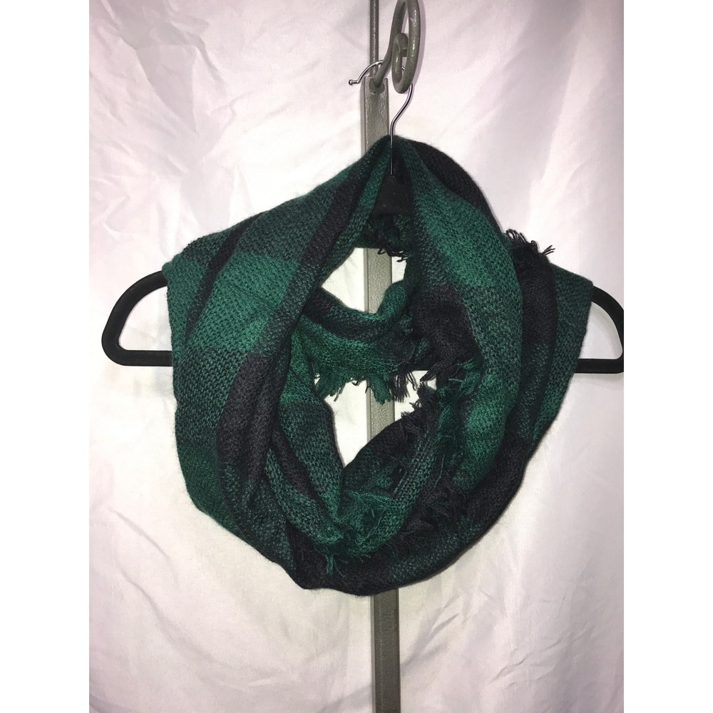 Funky Monkey Plaid Infinity Scarf Green Black Fringe Cozy Winter Warm